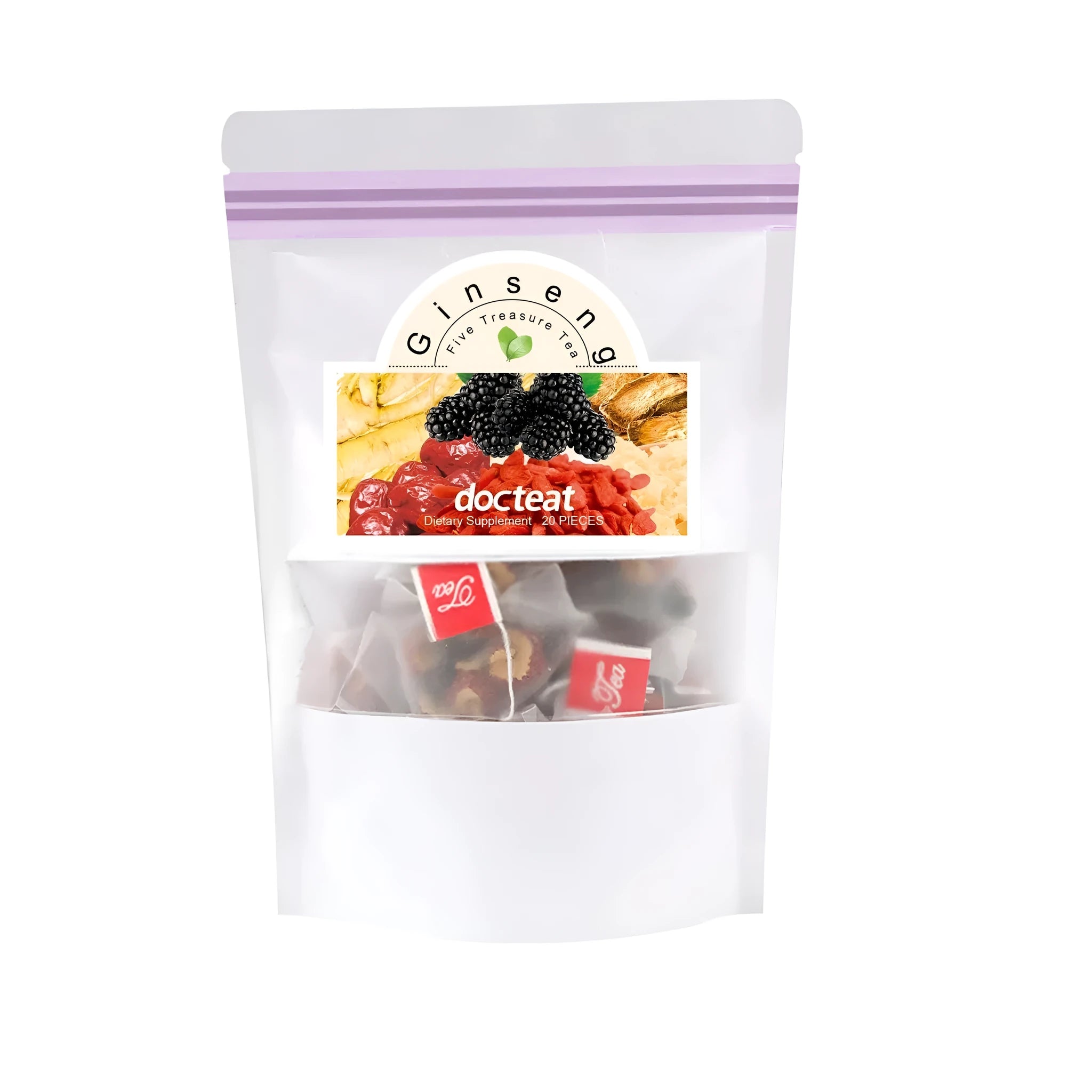 Box of Ginseng Five Treasure Tea showing twenty individual herbal tea bags containing ginseng, hawthorn and goji berry.