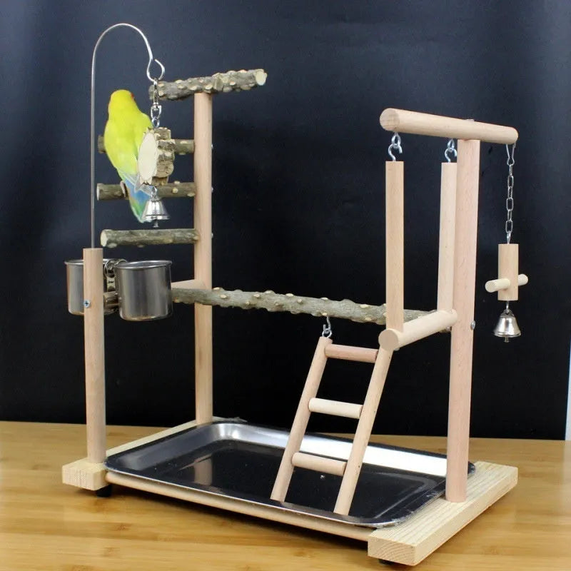 Pepper wood parrot stand with multi-level poles and an integrated bird toy.