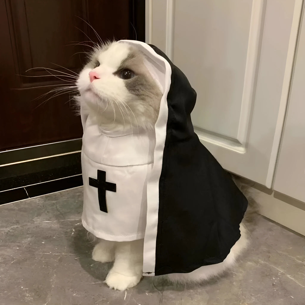 Black and white nun costume for small to medium dogs with polyester cloak