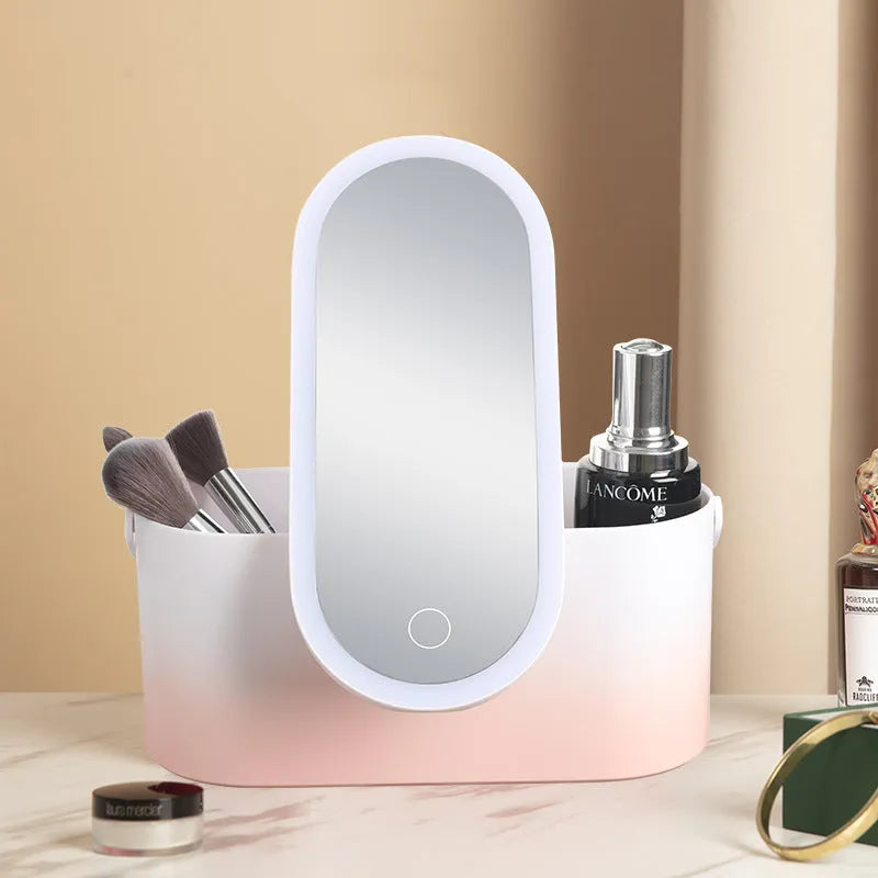 Portable pink LED makeup mirror storage box with cosmetic compartments open