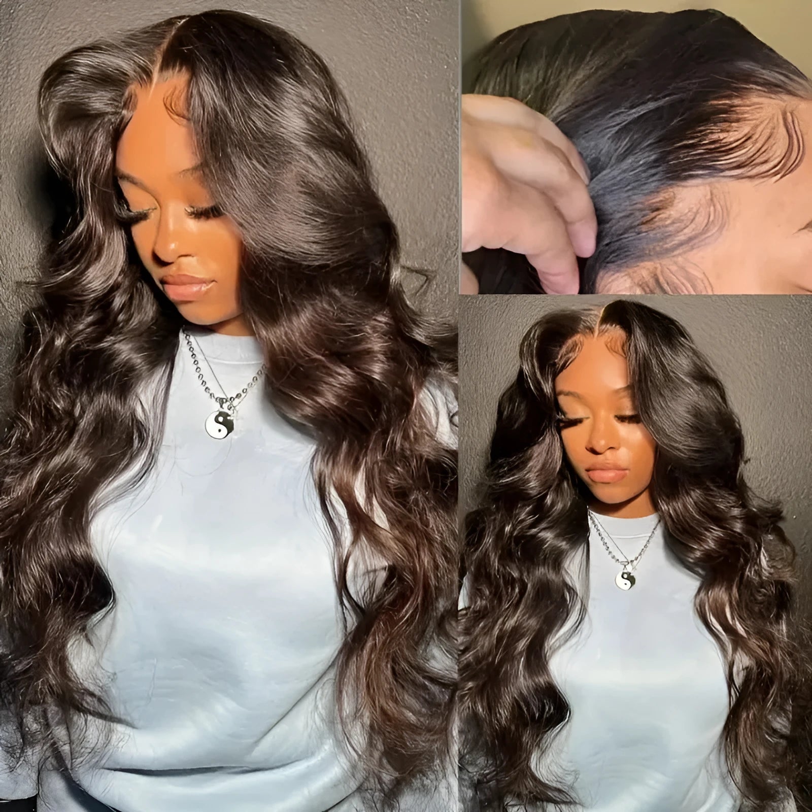 Women's long curly dark brown front lace wig with side bangs style