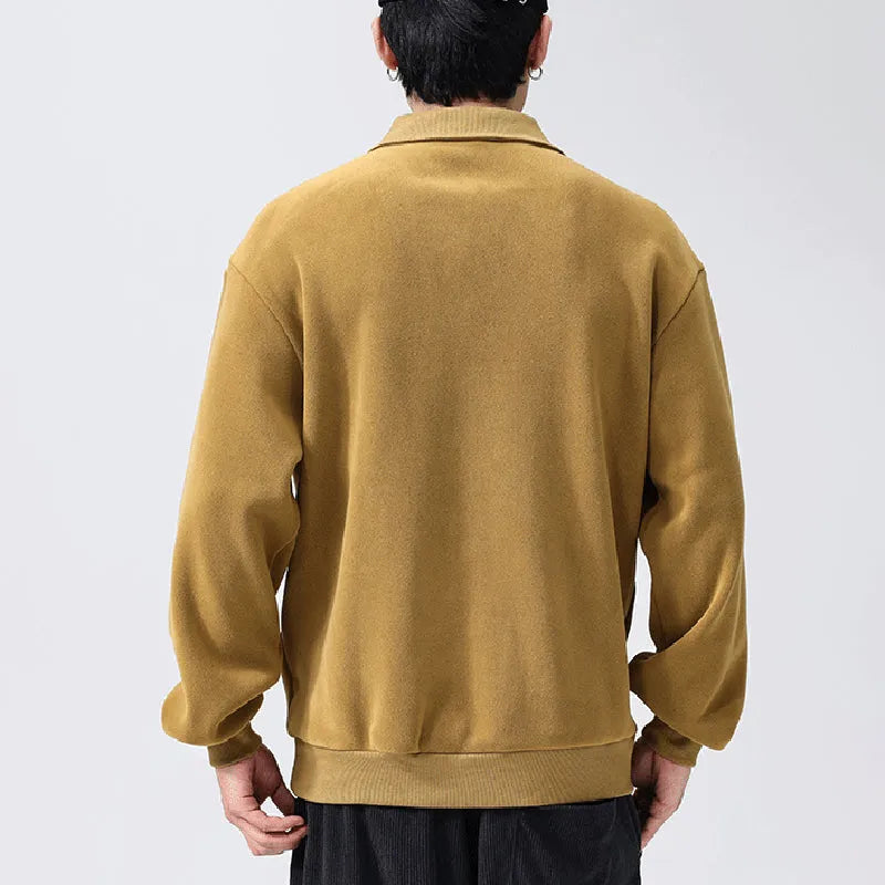 Men's fashion lapel half-zip fleece sweatshirt in black, long sleeves, hood, polyester cotton blend