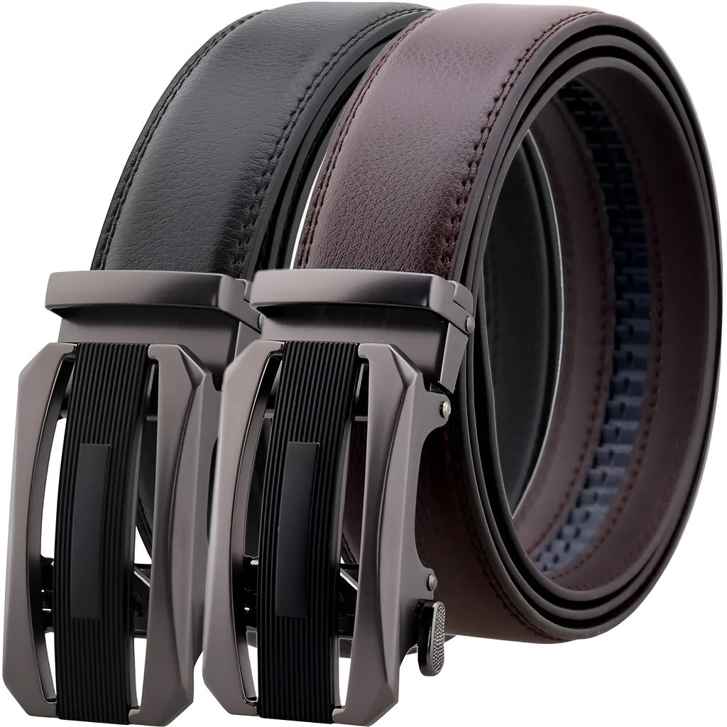 Men's business belt with rectangular matte gun alloy buckle and two-layer cowhide strap, 110-130cm, black or brown options
