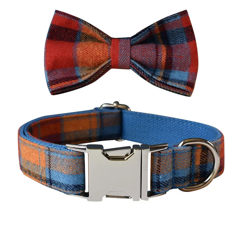 Blue velvet plaid pattern dog collar with metal alloy buckle in multiple sizes