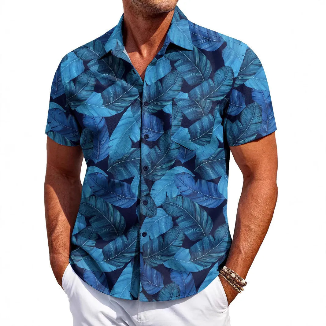 Man wearing a slim fit, short sleeve cardigan-style shirt in elastic polyester fabric.