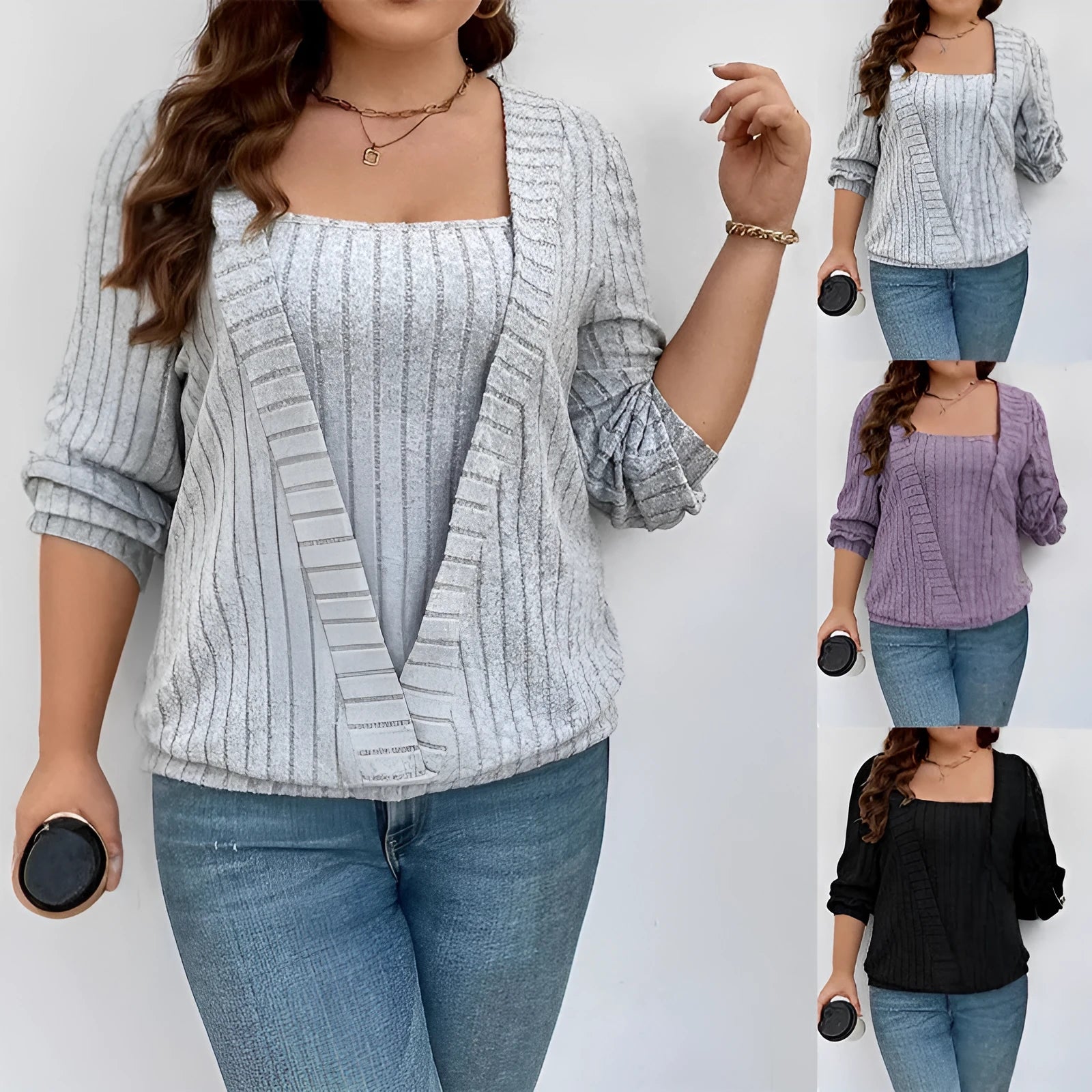 Woman wearing a solid colour purple rib knit V-neck long sleeve false two-piece suit with a loose fit.