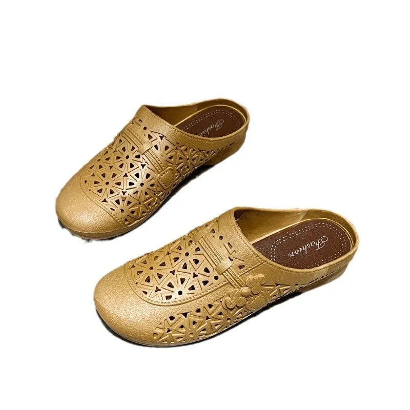 PVC flat toe box slippers with hollow-out pattern in apricot colour
