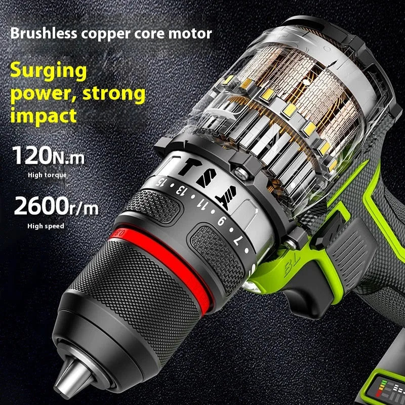 21V brushless impact drill with 300W power, 10mm chuck, and 150 Nm torque for wood, steel, and concrete
