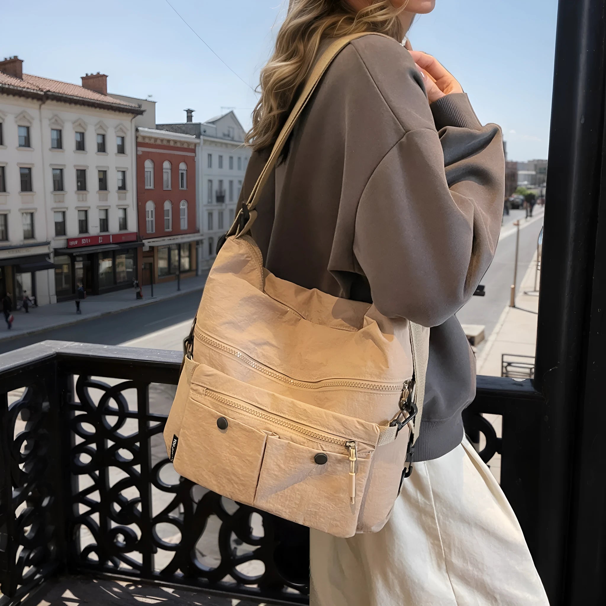 Women's soft nylon crossbody bag in square vertical shape with dual shoulder straps