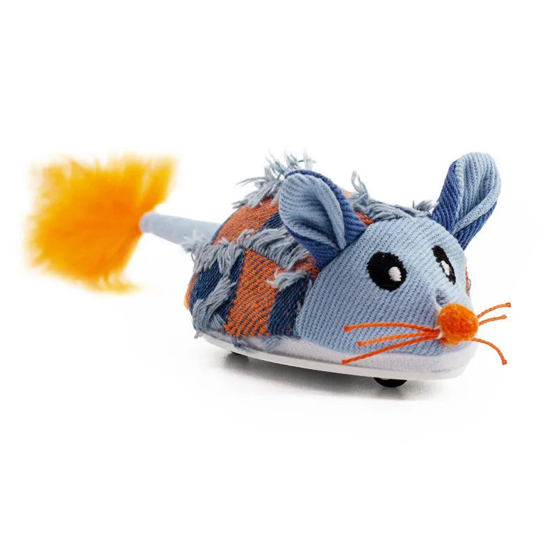 Blue electronic moving mouse cat toy with feather attachment showing 18cm size