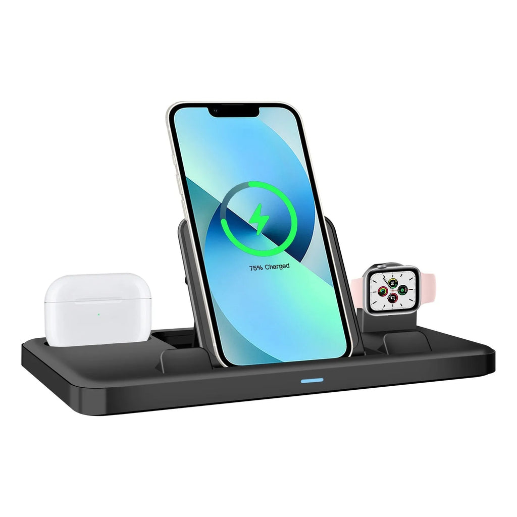 Black ABS three-in-one charging base with phone in upright bracket and tablet on pad