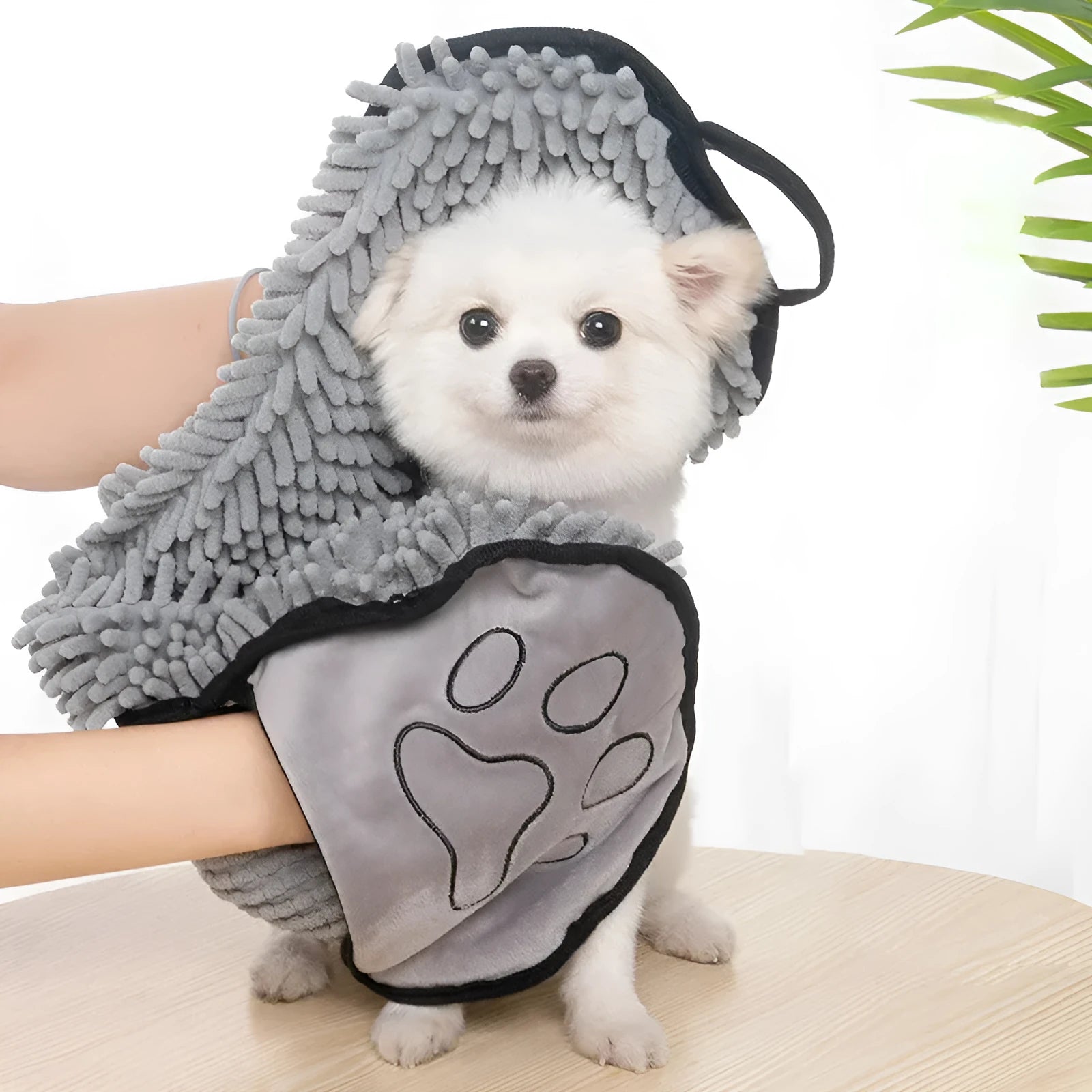 Absorbent microfiber dog towel with hand pockets in blue, purple, grey, rose, and brown, for medium large dogs