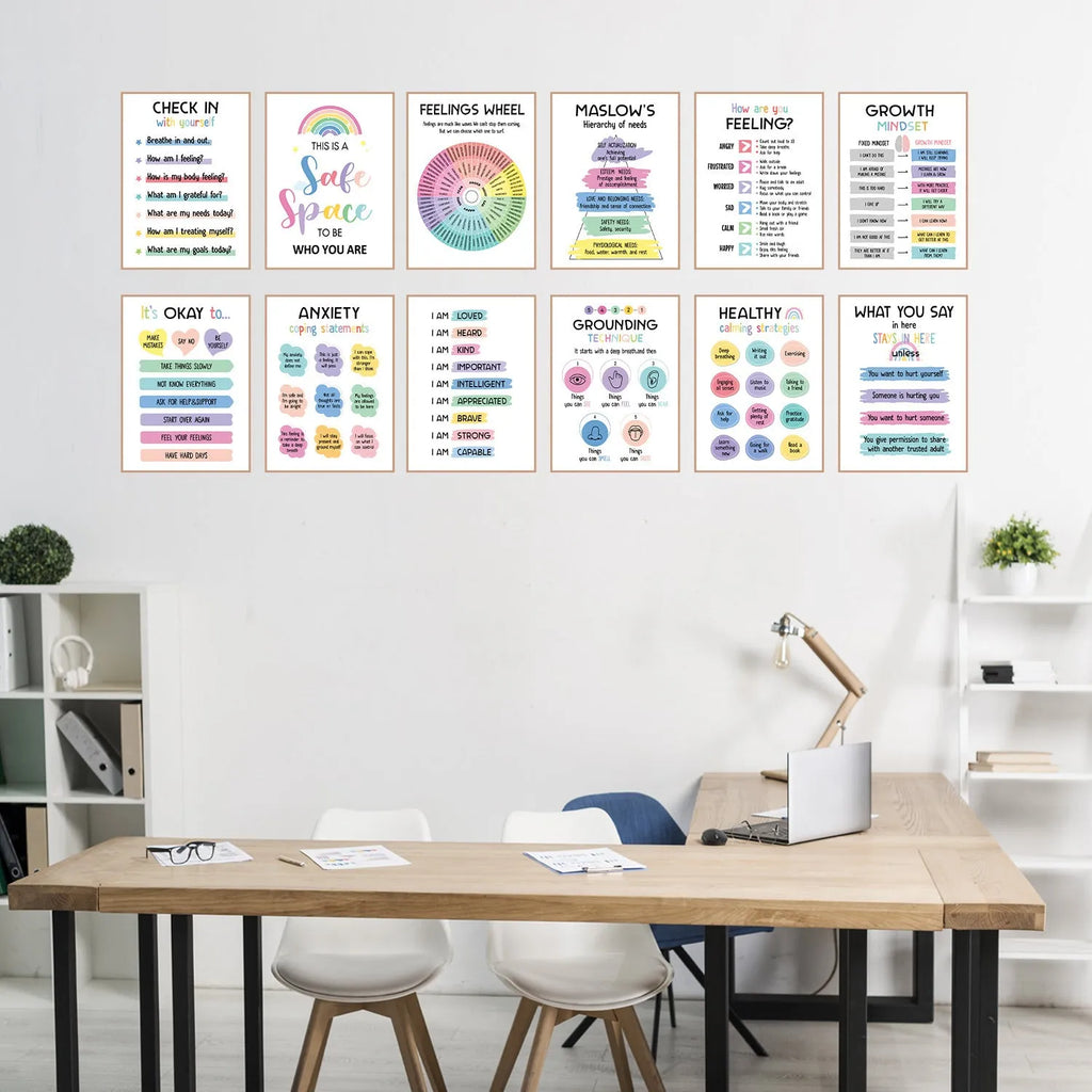 Twelve mental health posters on coated paper with bright film finish, 255x355mm size