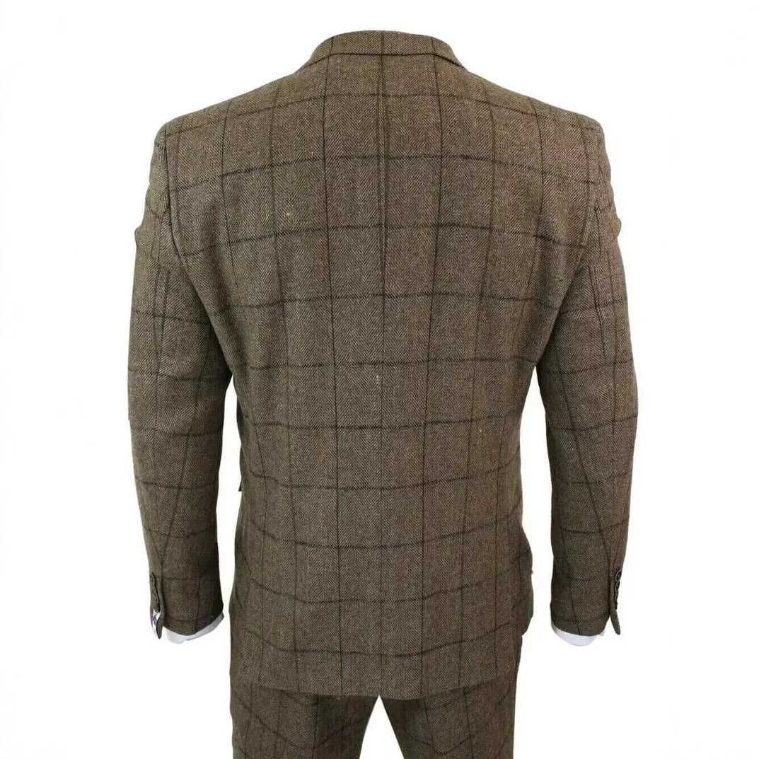 Men's brown plaid three-piece suit set with coat, vest and trousers, slim fit cotton blend, sizes XS to 6XL