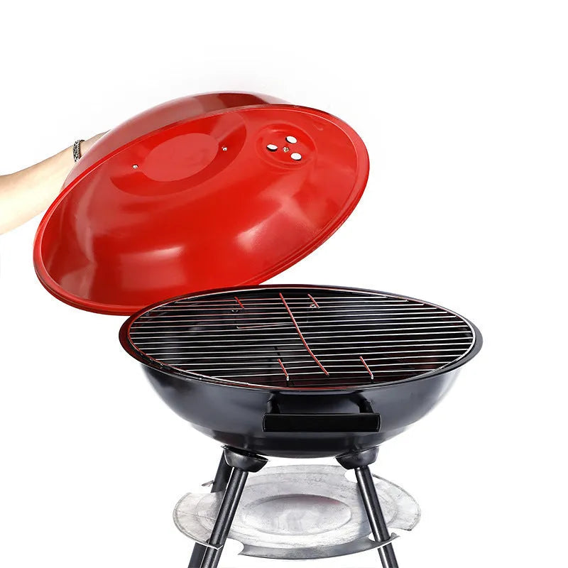 Portable minimalist iron barbecue grill with a 14-inch cooking surface.