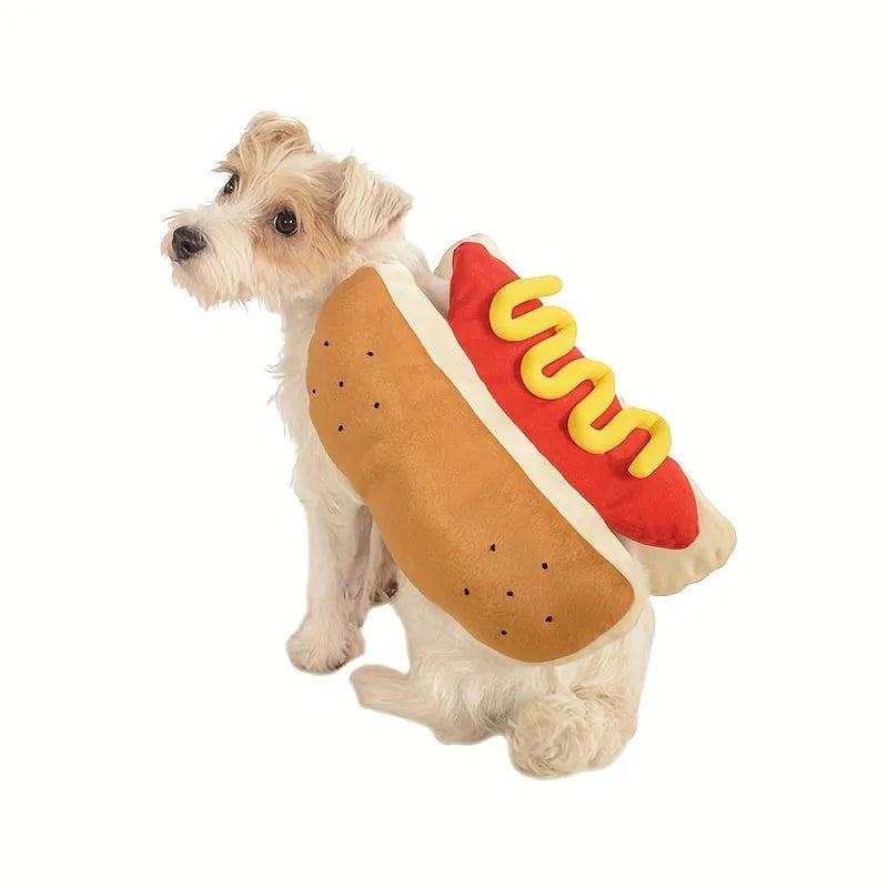 Red and yellow hot dog costume for small dog on white background
