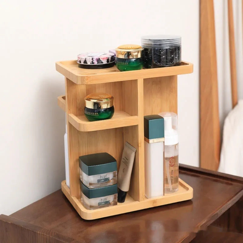 Bamboo rotating storage rack with multiple grid layers for home organisation