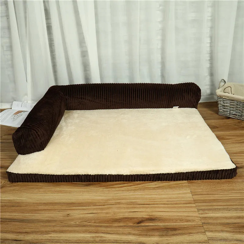 Corduroy bolster dog bed in grey colour, showing its non-slip base and high sides.