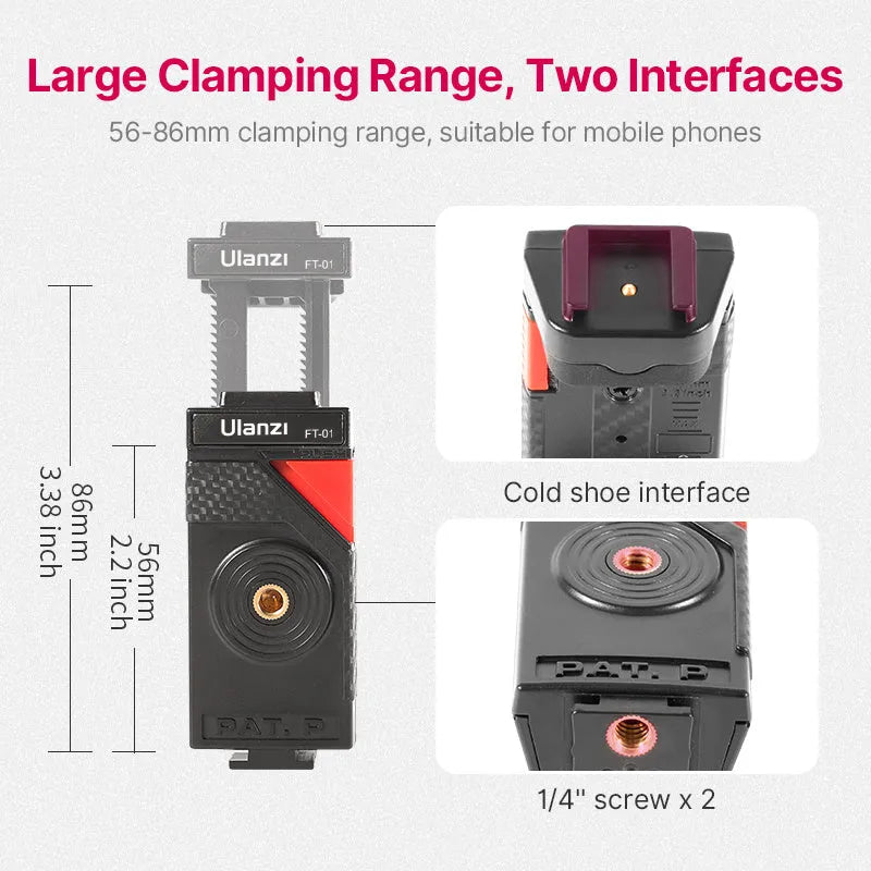 Black octopus-style flexible leg tripod with mobile phone clip attached, FT-01 model extended to 360mm