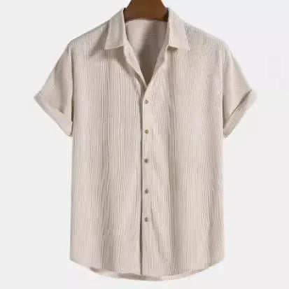 Men's casual short-sleeved polyester cardigan shirt shown in multiple colours and sizes.