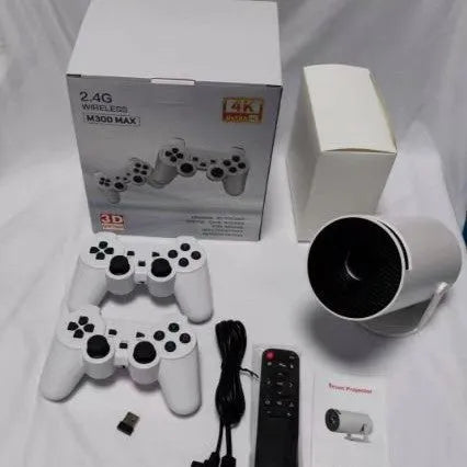 M300MAX portable projection game machine in red or white box with game handles.
