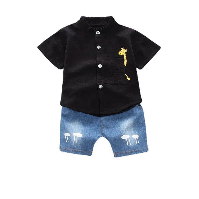 Baby boy cotton short sleeve shirt and shorts set with giraffe cartoon print in white, black, pink for 80-110cm children