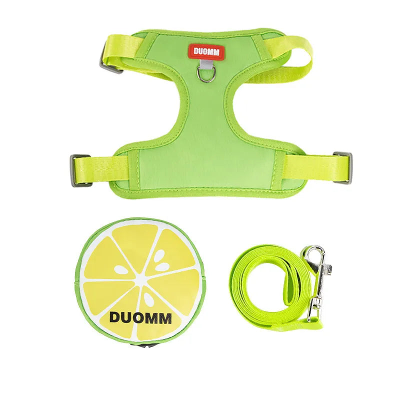 Fruit-themed pet backpack and matching anti-slip chest harness set for dogs and cats