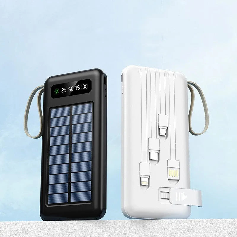 Solar Super Capacity Power Bank in black or white, showing front with solar panel and USB port, dimensions 144mm x 68mm.