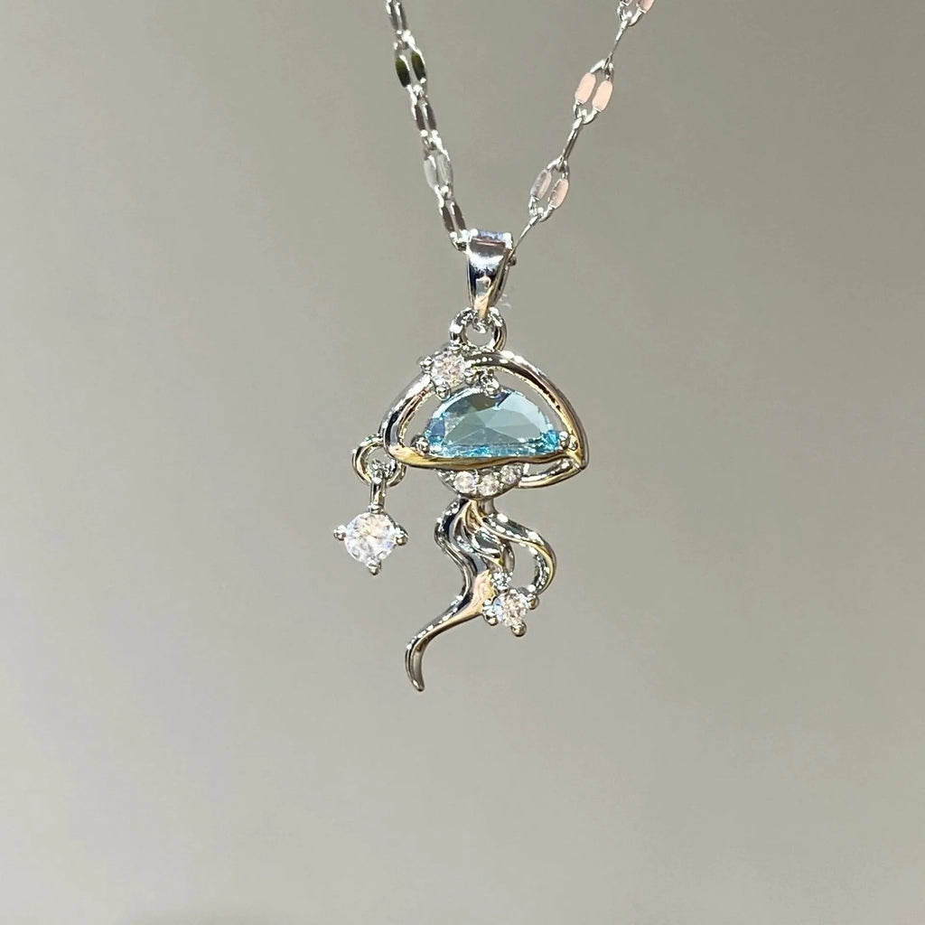 S925 sterling silver blue jellyfish necklace with adjustable chain on white background