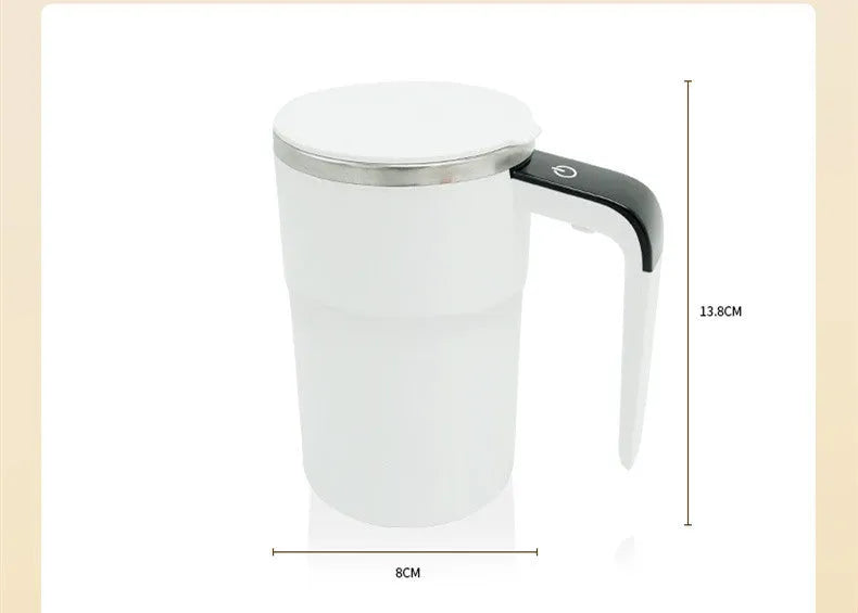 Black electric coffee mug with automatic magnetic stirring and LCD temperature display