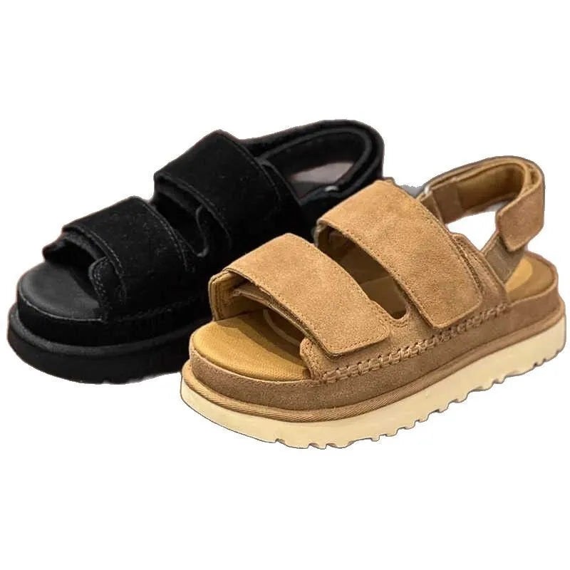 Women's maroon plus size suede platform sandals with peep toe and Velcro strap.