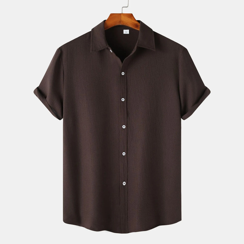 Men's casual short-sleeved polyester cardigan shirt shown in multiple colours and sizes.