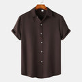 Men's casual short-sleeved polyester cardigan shirt shown in multiple colours and sizes.