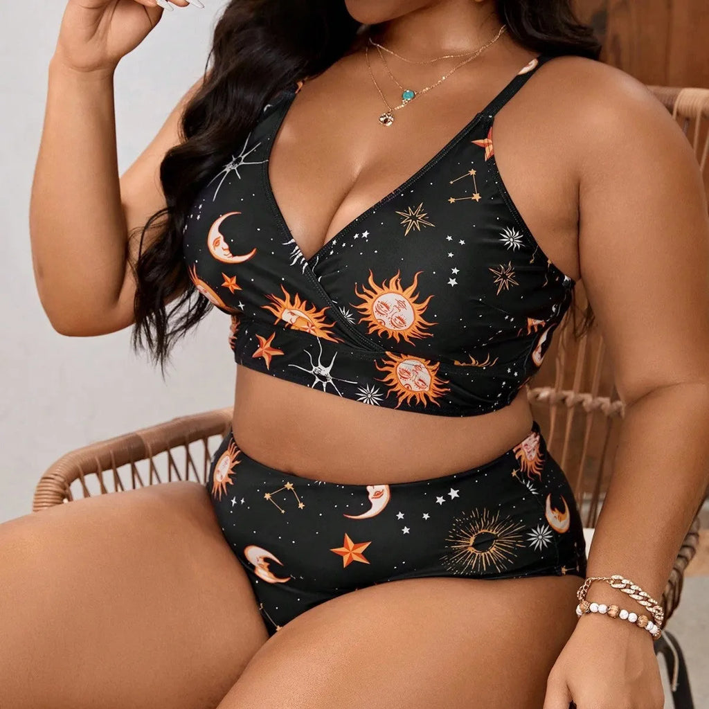 Women's split printed swimsuit in large size L-4XL, sleeveless brief style for swimming and wading
