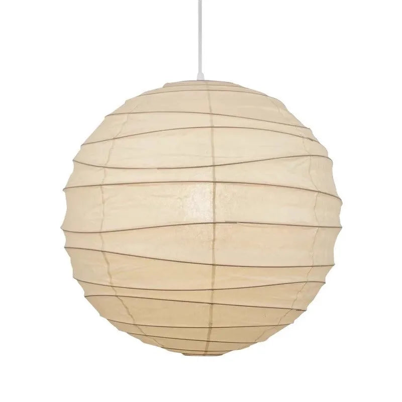 Japanese style rice paper ceiling chandelier light fixture in a living room setting.