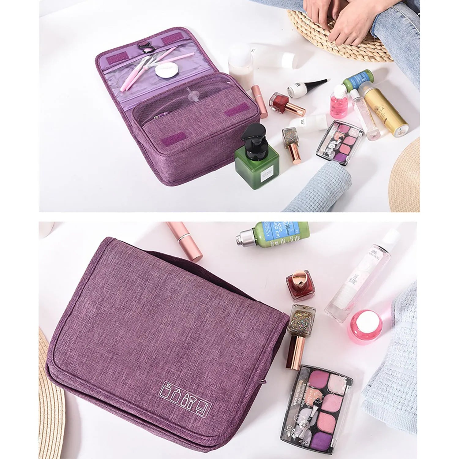 Large waterproof hanging toiletry bag in black with four compartments and metal hook