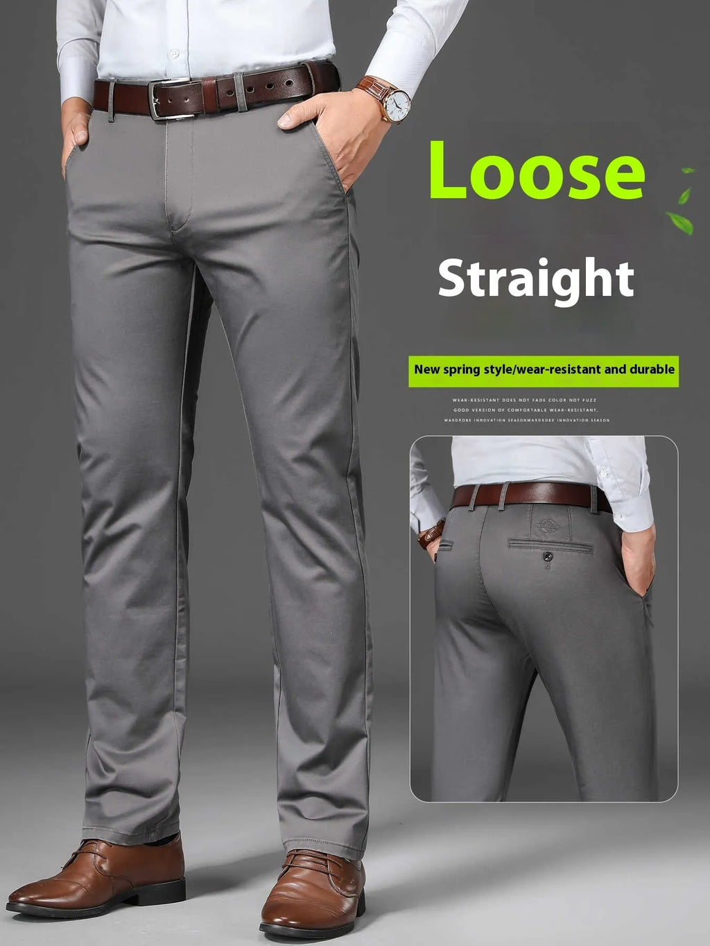 Business non-iron stretch men's straight casual trousers in black, gray, khaki, and blue, cotton-polyester blend