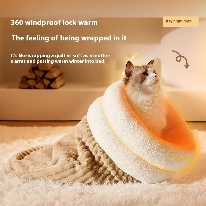 Brown semi-enclosed cat sleeping bag with plush cotton velvet and lambswool construction on a wooden floor.