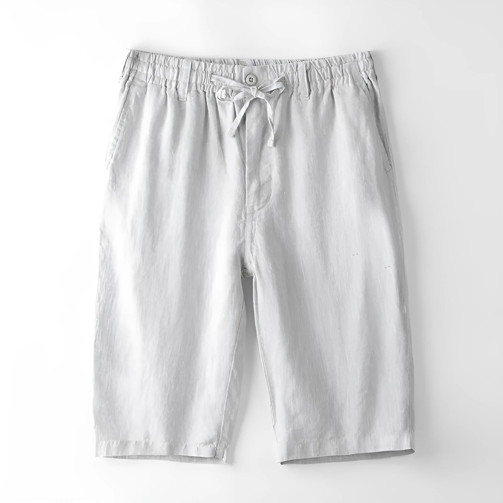 Men's linen capri trousers in loose straight-leg fit showing colour options including white, gray, black and blue tones