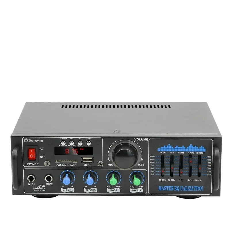 High-power Bluetooth audio amplifier with USB disk playback, metal chassis, 80W output, 2.0 channels, compact 5.3x19.6x7.5cm size