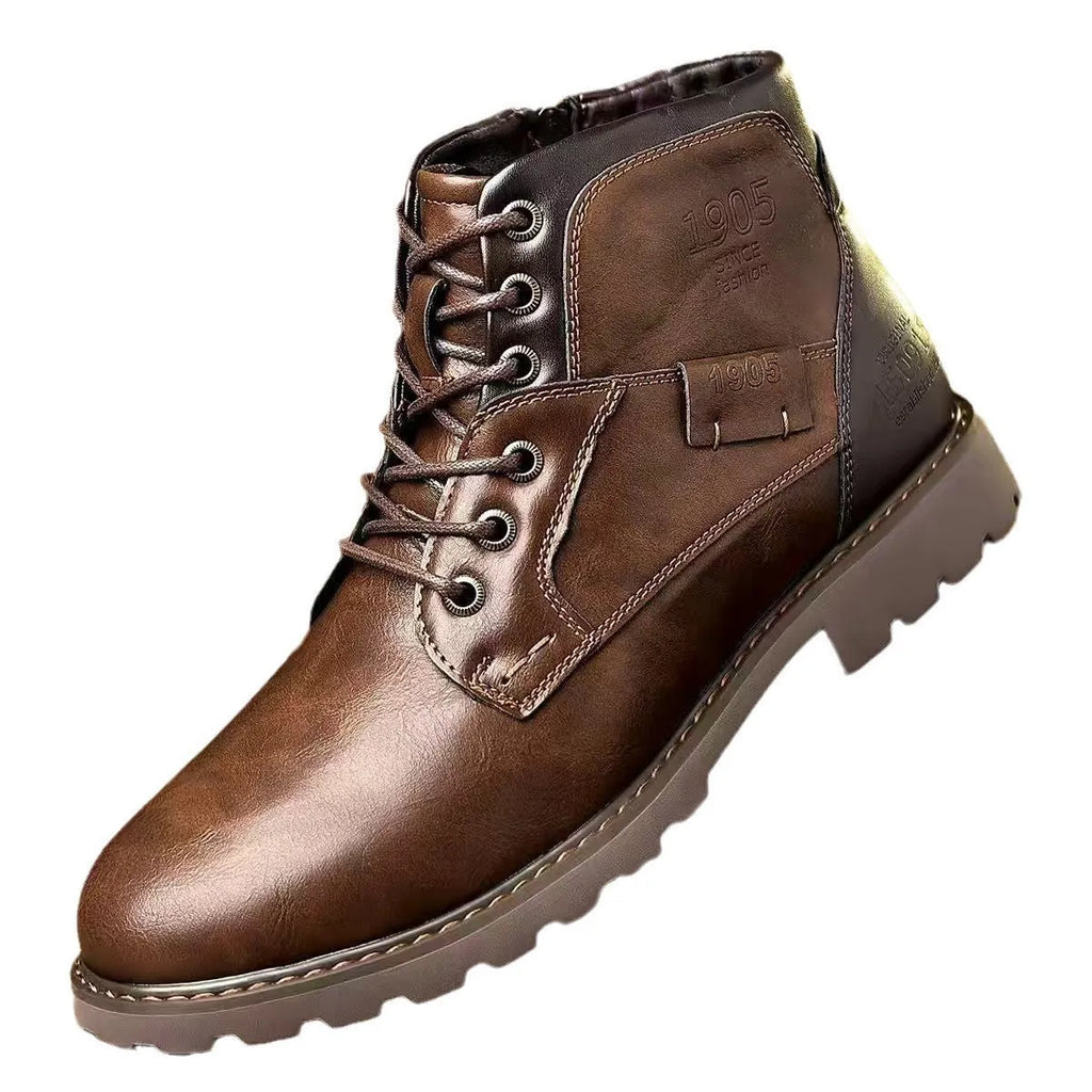 Men's brown leather-look PU ankle boot with side zipper and rubber sole