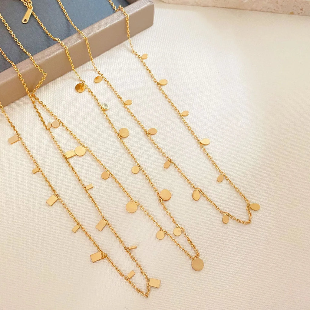 Gold electroplated titanium steel geometric pendant necklace for women in round slice, square, or water drop shape