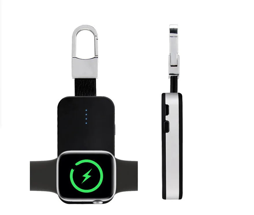Black portable wireless power bank charger for Apple Watch on a keychain.
