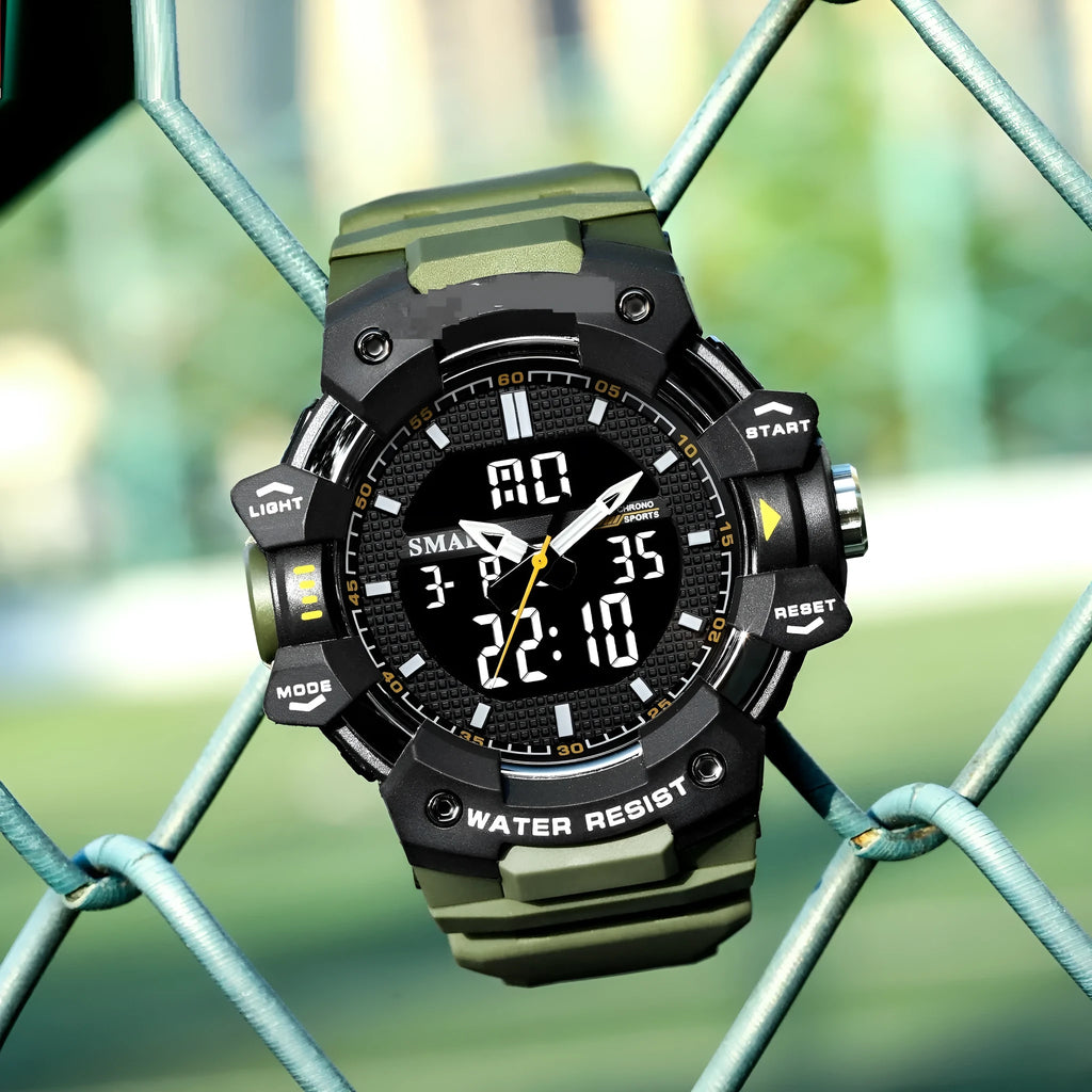 Men's outdoor sports waterproof watch with 55mm dial, plastic strap, and acrylic mirror, 50m water resistance