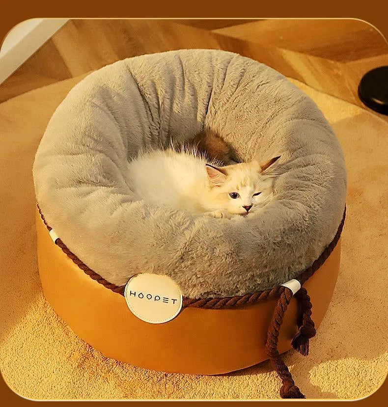 Closed solid colour warm cat nest in warm yellow, made from polyester PU cotton, available in small and medium sizes