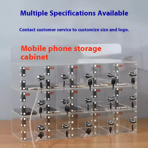 Clear acrylic mobile phone storage cabinet with charging holes, multiple compartments for office desk organisation