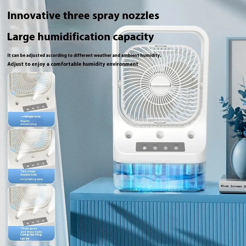 White USB rechargeable water-cooled air cooler fan with adjustable head and colour-changing lights