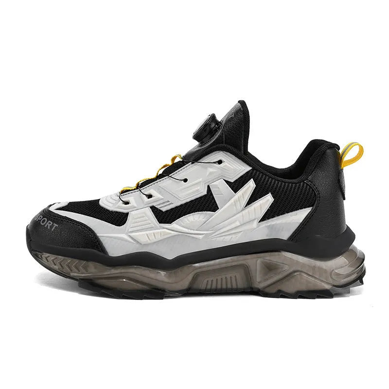 Men's black rotating button dad shoes with platform soles and mesh upper for height-increasing casual wear