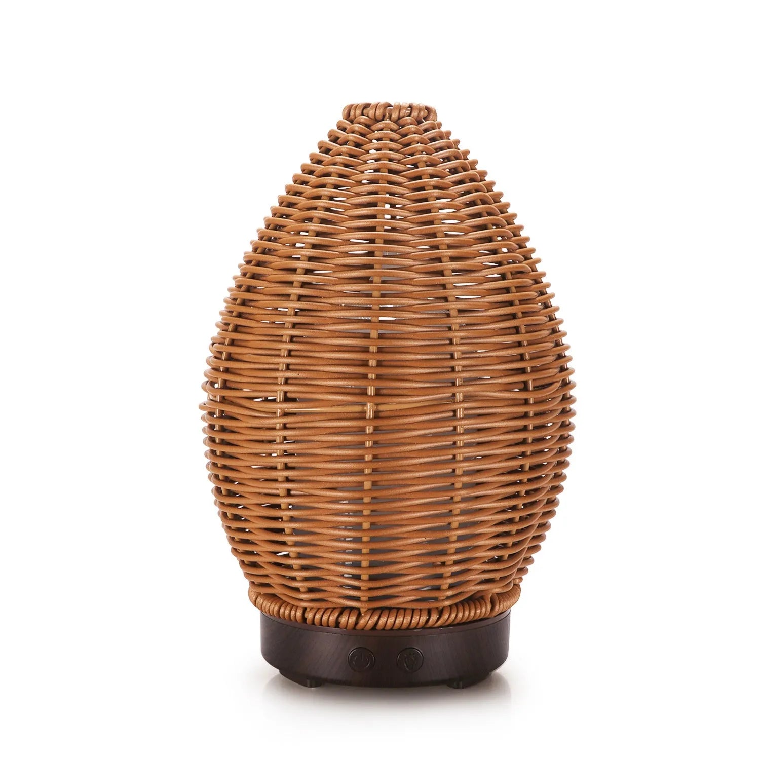 Hollow rattan aroma diffuser with light wood grain finish, showing 100ml water tank