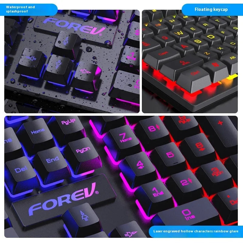 Black gaming keyboard with 104 backlit keys bundled with matching mouse on desktop